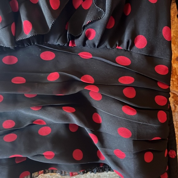 White House black market black and red polka dot ruffled high neckline blouse - Picture 3 of 4